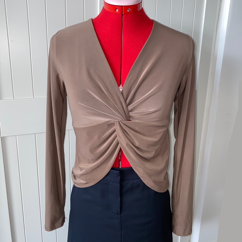21 SAINTS Twist Front Crop Top, Brown/Nude, Stretch, Long Sleeve, Women's (US S)
